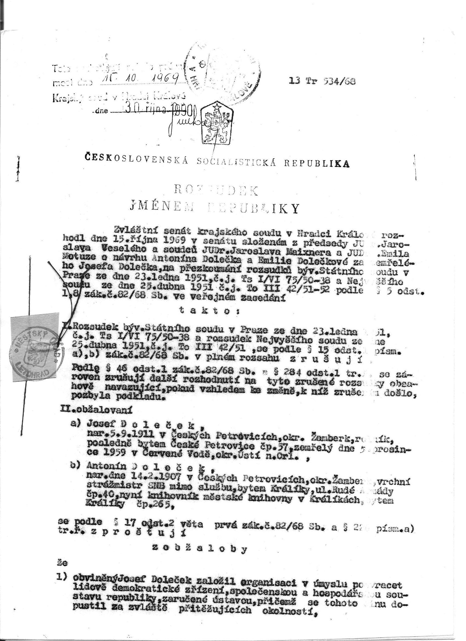 Josef Doleček – Rozsudek I.